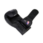 Black boxing glove with a brand logo on a white background