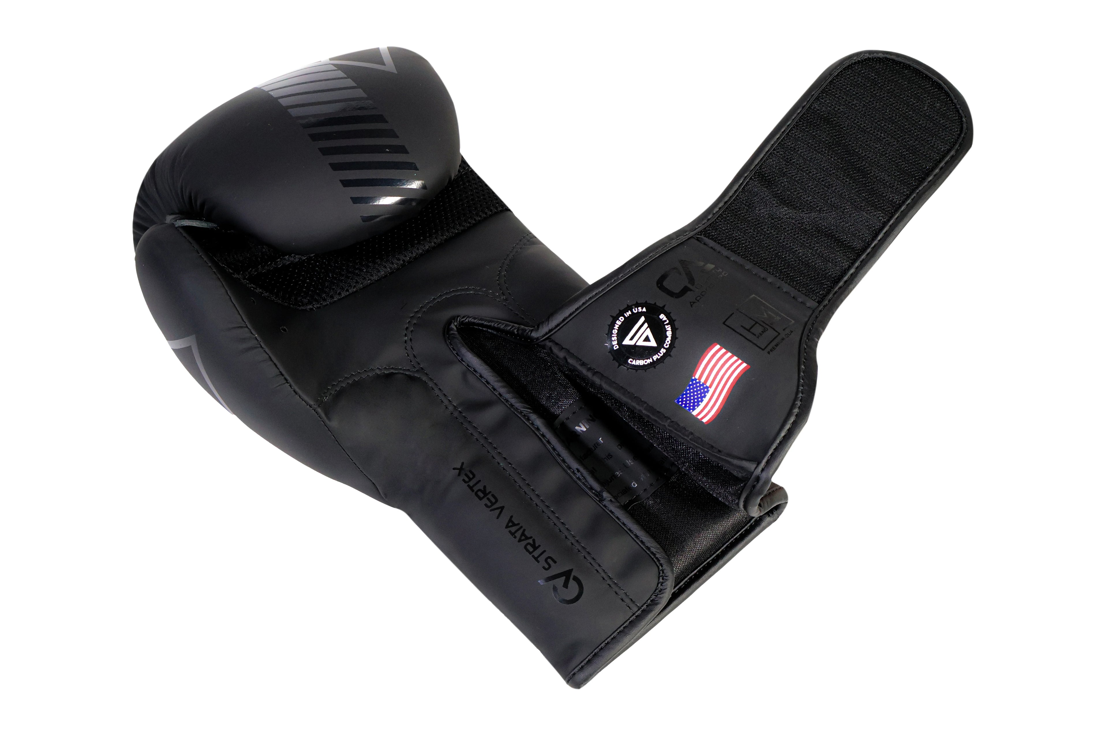 Black boxing glove with a brand logo on a white background