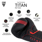 buy Black boxing glove with red accents  glove on a white background with briefly explained feature