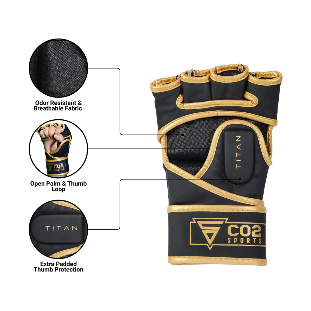 Palm-side view of black and gold MMA gloves with open-finger design