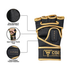 Palm-side view of black and gold MMA gloves with open-finger design