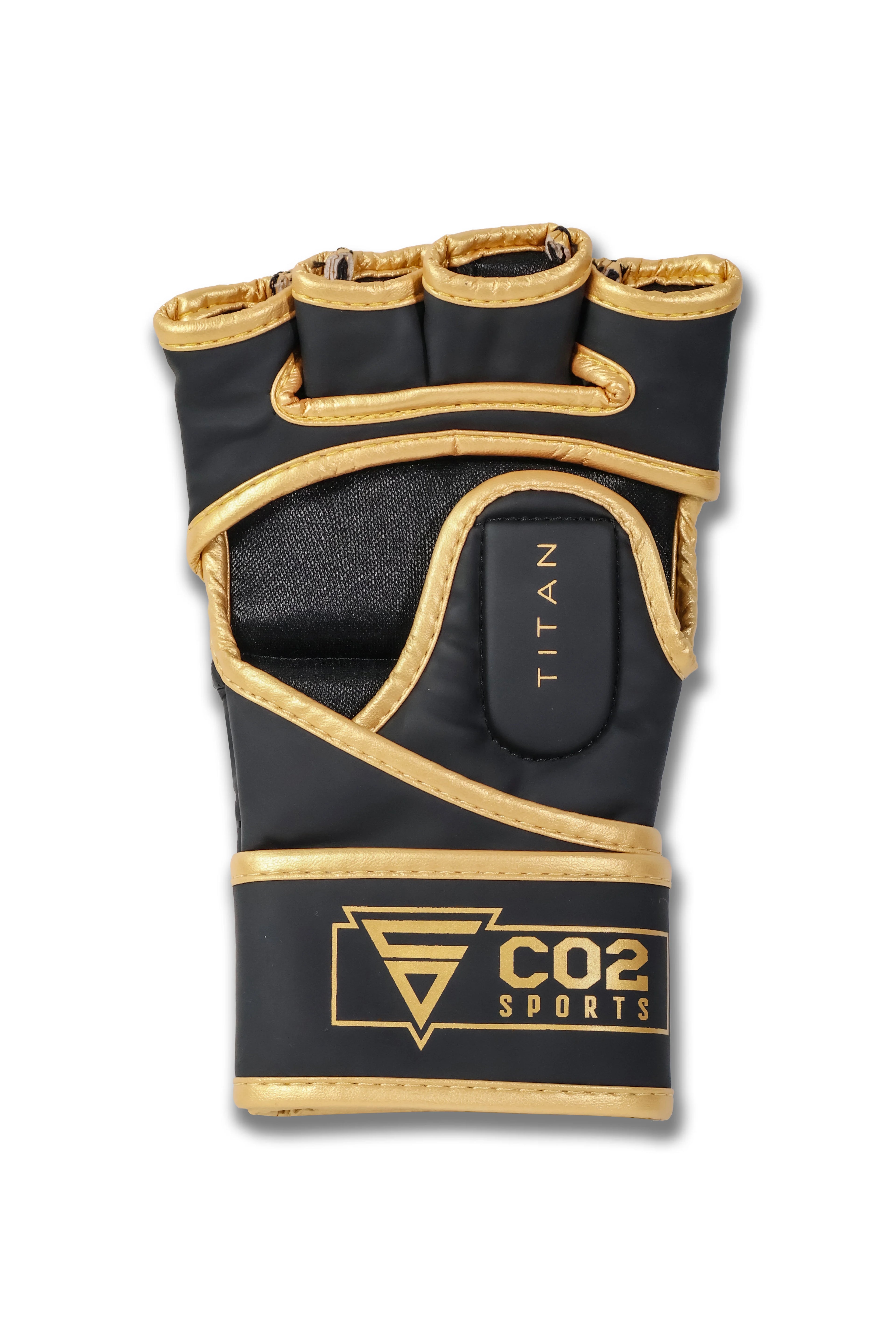 Palm-side view of black and gold MMA gloves with open-finger design