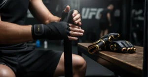 Athlete wrapping hands before wearing MMA training gloves