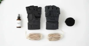 MMA gloves hanging palm-side out on hook after training to prevent odor